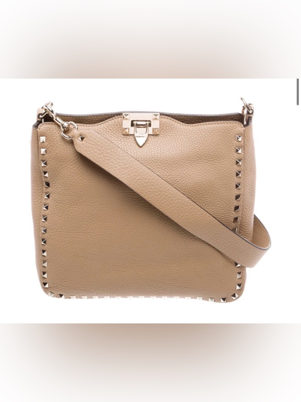 Pebbled Leather Shoulder Bag with Stud Trim in Taupe